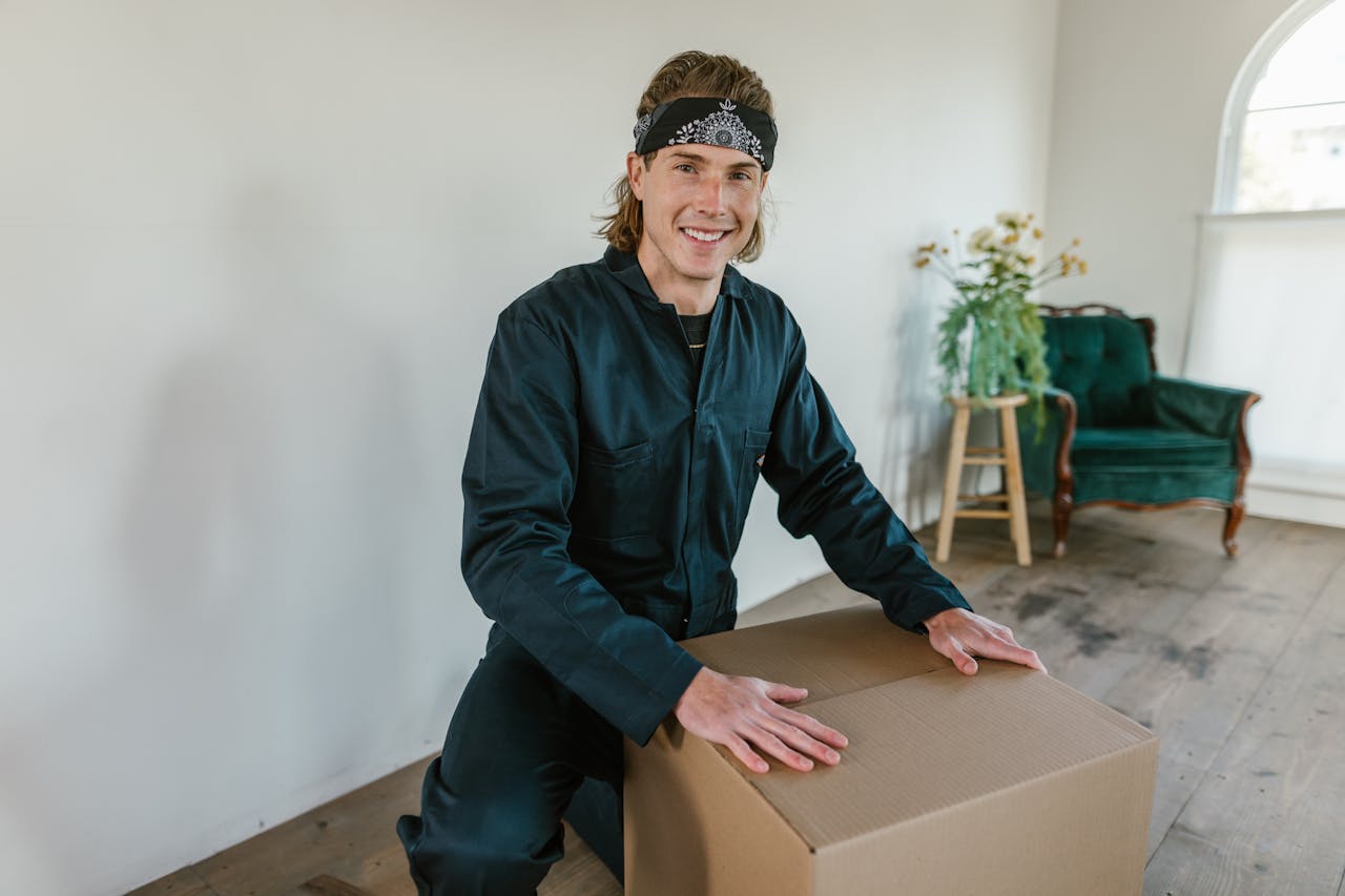 Young adult male smiling while handling a cardboard box indoors, preparing for moving day.